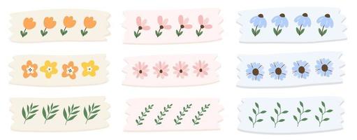 reeks van schattig washi plakband met bloemen en bladeren thema. oranje, roze en blauw washi plakband. vector