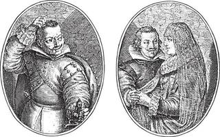 don Diego van Castilië en zijn vrouw, crispijn busje de pas, 1641, wijnoogst illustratie. vector