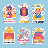 babbelen stickers voor groet Aan seollal seizoen met Koreaans mensen en ornamenten vector