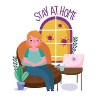 blijven Bij huis, jong vrouw zittend in sofa met laptop en koffie kop quarantaine , covid 19 vector