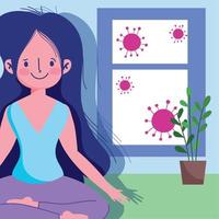 jong vrouw yoga houding lotus venster werkzaamheid sport oefening Bij huis covid 19 pandemisch vector