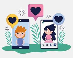 schattig meisje en jongen smartphone babbelen romantisch liefde sociaal media vector