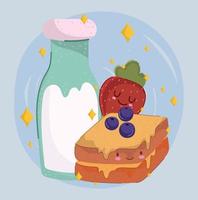 ontbijt voedsel vers tekenfilm schattig aardbei belegd broodje en melk fles vector