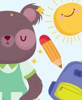terug naar school, schattig weinig beer rugzak potlood zon tekenfilm vector