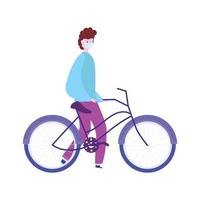 jongen met medisch masker en fiets vervoer, het voorkomen covid 19, geïsoleerd icoon ontwerp wit achtergrond vector