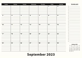 september 2023 maandelijks bedrijf bureau stootkussen kalender. vector