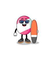 mascotte tekenfilm van snoep net zo een surfer vector