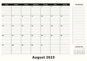 augustus 2023 maandelijks bedrijf bureau stootkussen kalender. vector