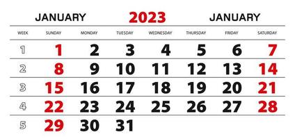 muur kalender 2023 voor januari, week begin van zondag. vector