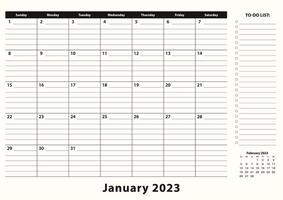 januari 2023 maandelijks bedrijf bureau stootkussen kalender. vector