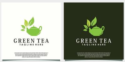 groen thee logo ontwerp met blad en theepot creatief concept vector