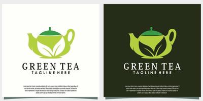 groen thee logo ontwerp met blad en theepot creatief concept vector