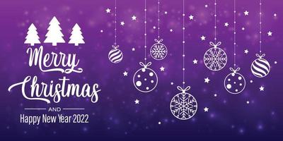 vector realistisch Kerstmis bal Aan Purper achtergrond met gouden modern typografie groeten in een kader. classy kaart of poster.