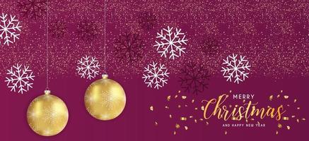 feestelijk Kerstmis Purper achtergrond met blauw bal gouden Kerstmis decoraties en gouden glinstert. vector illustratie.