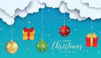 vrolijk Kerstmis en gelukkig nieuw jaar nacht voor groet kaart. wolken, geschenk doos, bal, sterren en sneeuwval. vector