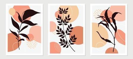 muur kunst vector set. gebladerte lijn kunst tekening met abstract vorm geven aan. abstract fabriek kunst ontwerp voor afdrukken, omslag, behang, minimaal en natuurlijk muur kunst. vector illustratie.