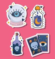 magie kristal bal tarot kaart en toverdrank spellen flessen stickers icoon vector