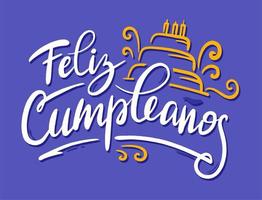 gelukkig verjaardag in Spanje. belettering in Spaans met taart en krullen. vector illustratie