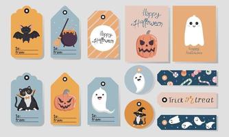 boho halloween geschenk tags en groet kaarten met schattig karakters. afdrukbare groet kaarten illustratie. ontwerp voor halloween in pastel kleuren. vector