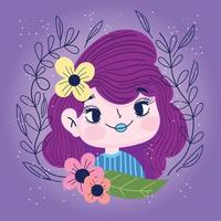 schattig meisje met bloem in de haar- decoratie plantkunde vector