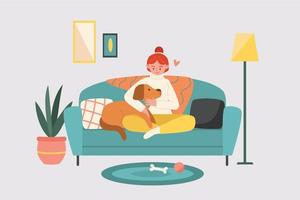 vrouw zittend Aan sofa met haar hond vector