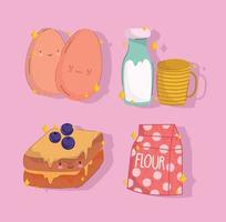 ontbijt voedsel vers tekenfilm schattig gekookt eieren belegd broodje en melk vector