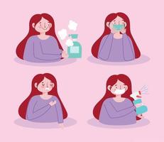 covid 19 het voorkomen tips zorg verstuiven desinfecteren medisch masker Hoes mond vector