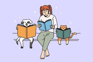 lezing boek en grappig onderwijs concept. glimlachen positief meisje grappig hond en kat zittend Aan bank lezing boeken samen genieten van tijd vector illustratie