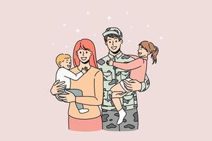 gelukkig jong familie ontmoeten vader van leger opgewonden naar worden herenigd. glimlachen leger Mens moeder met vrouw en klein kinderen. militair of soldaat knuffel vrouw en kinderen. vlak vector illustratie.