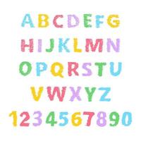 hand- getrokken Latijns alfabet brieven en nummers. veelkleurig symbolen Aan wit achtergrond. vector illustratie.