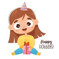schattig baby meisje in verjaardag hoed zittend met geschenk doos en opschrift gelukkig vakantie. vector illustratie in tekenfilm stijl voor kaart ontwerp, decor, afdrukken en kinderen verzameling.