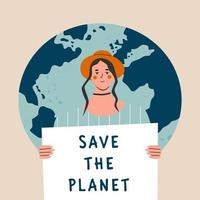 eco-activist protest voor klimaat Wijzigen, globaal staking vraag naar dringend actie. vrouw het marcheren demonstratie voor bescherming van omgeving. Dames Holding opslaan de planeet poster. vector