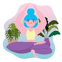 yoga online, jong vrouw Aan verdieping met lotus positie yoga tekenfilm vector
