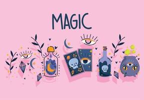 magie tarot kaart toverdrank spellen fles ketel ontwerp vector