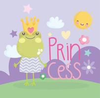 weinig kikker met kroon en jurk prinses tekenfilm schattig tekst vector