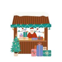 Kerstmis markt. winter vakantie feestelijk eerlijk. vitrine met geschenken. houten huis kiosk versierd met guirlande, ballen. tekenfilm, vector illustratie, kaart, flayer