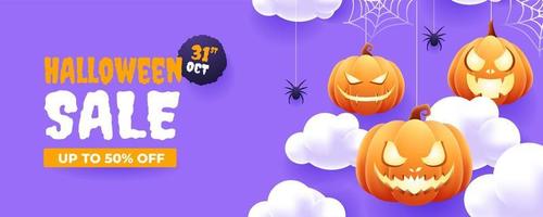 gelukkig halloween korting Promotie uitverkoop banier sjabloon ontwerp met 3d halloween pompoen en spin in wolk vector