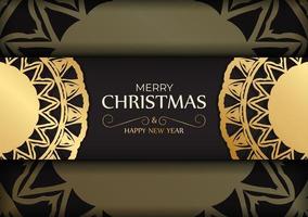 ansichtkaart sjabloon gelukkig nieuw jaar en vrolijk Kerstmis in zwart kleur met goud ornamenten. vector