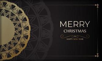 banier vrolijk Kerstmis en gelukkig nieuw jaar in zwart met goud ornamenten. vector