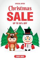 Kerstmis uitverkoop poster met grappig kinderen in Kerstmis kostuums hert en sneeuwman. Kerstmis uitverkoop banier ontwerp met 50 korting vector