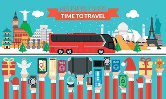 nieuw jaar vakantie wereld tours ontwerp vlak met rood toerist bus vector