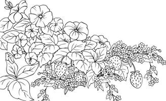 aardbei bloemen zwart en wit tekening. voor illustraties en kleur boeken vector