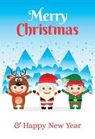 vrolijk Kerstmis en gelukkig nieuw jaar poster met kinderen in kostuums de kerstman, elf en hert. vrolijk Kerstmis en gelukkig nieuw jaar groet kaart vector