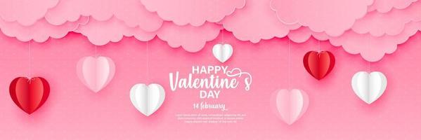 illustratie van liefde en Valentijn dag, origami gemaakt heet lucht ballon vliegend Aan de lucht met hart vlotter Aan de hemel.papier kunst en digitaal ambacht stijl vector