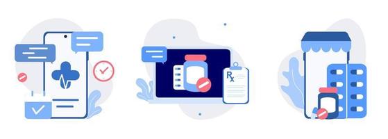 medisch illustratie set. online medisch Diensten, online recept, buying geneesmiddelen online Aan smartphone. geneeskunde en gezondheidszorg concept. online apotheek, drogisterij, diagnose. vlak vector. vector