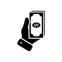 betalen contant geld silhouet icoon. hand- houden dollar voor betaling glyph pictogram. bank bankbiljet aandelenbeurs, kopen, besteden geld, verdienen inkomen salaris symbool. investering valuta rekening. geïsoleerd vector illustratie.