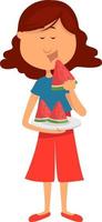 meisje aan het eten watermeloen, illustratie, vector Aan wit achtergrond.