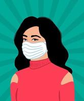 aantrekkelijk zwartharig vrouw met beschikbaar gezicht masker. vrouw portret in stoutmoedig kleurrijk stijl. bescherming versus virussen en infecties. vector