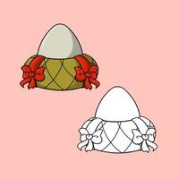 een reeks van afbeeldingen, een gekookt ei Aan een decoratief staan met rood linten, een vector illustratie in tekenfilm stijl Aan een gekleurde achtergrond