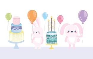 gelukkige verjaardag konijnen met taarten en ballonnen vector